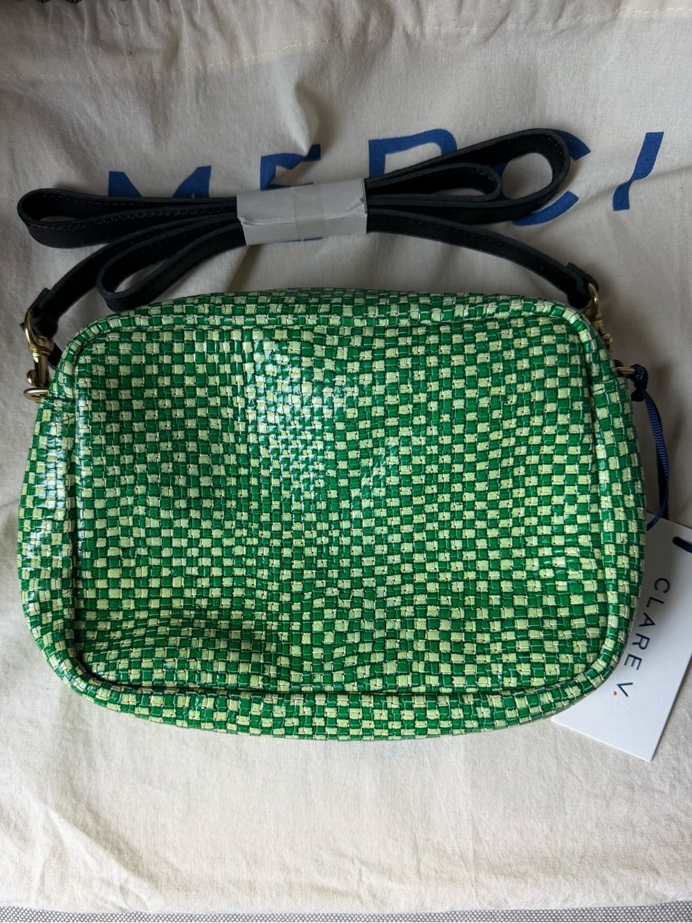 Clare V Green Woven Check Crossbody with Black Strap